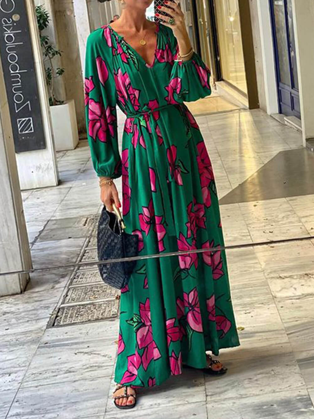 IsabellaGrace Elegant Women's Puff Sleeve Floral Maxi Dress