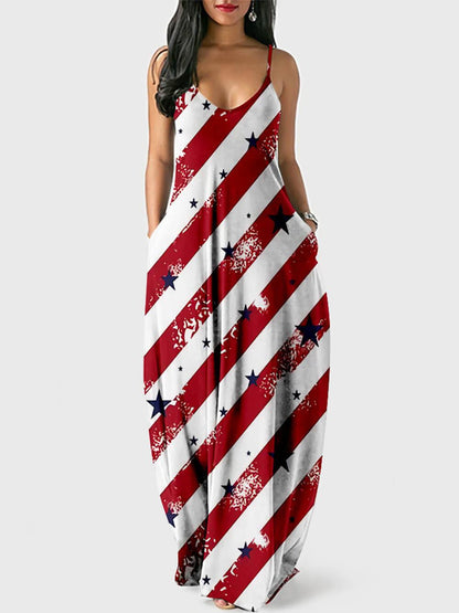 HeritageElegance Vintage Flag Print Maxi Dress – Effortless Style for Women