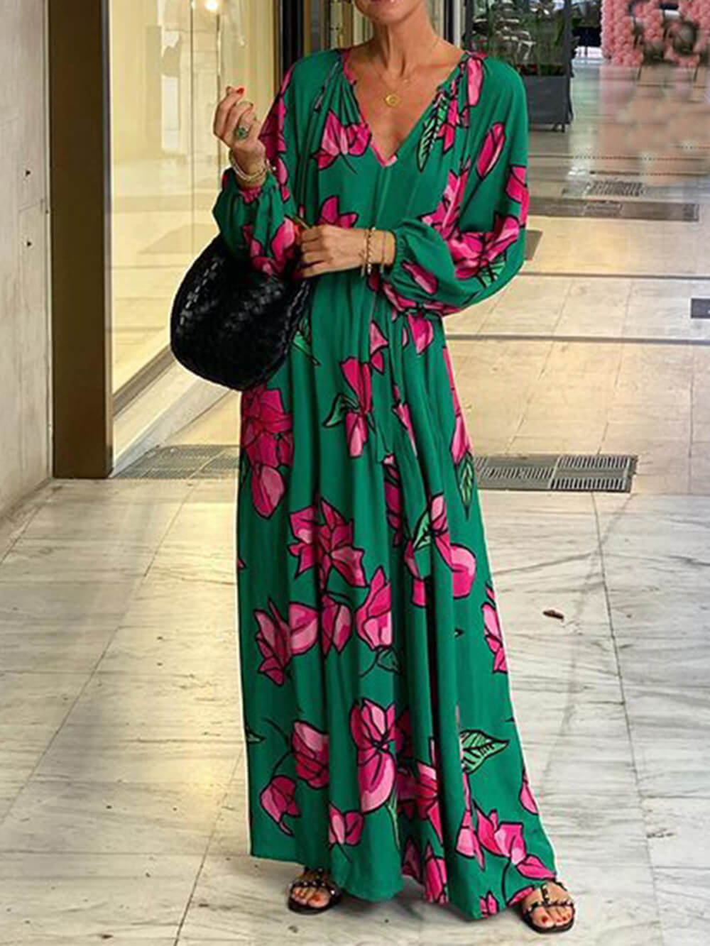 IsabellaGrace Elegant Women's Puff Sleeve Floral Maxi Dress