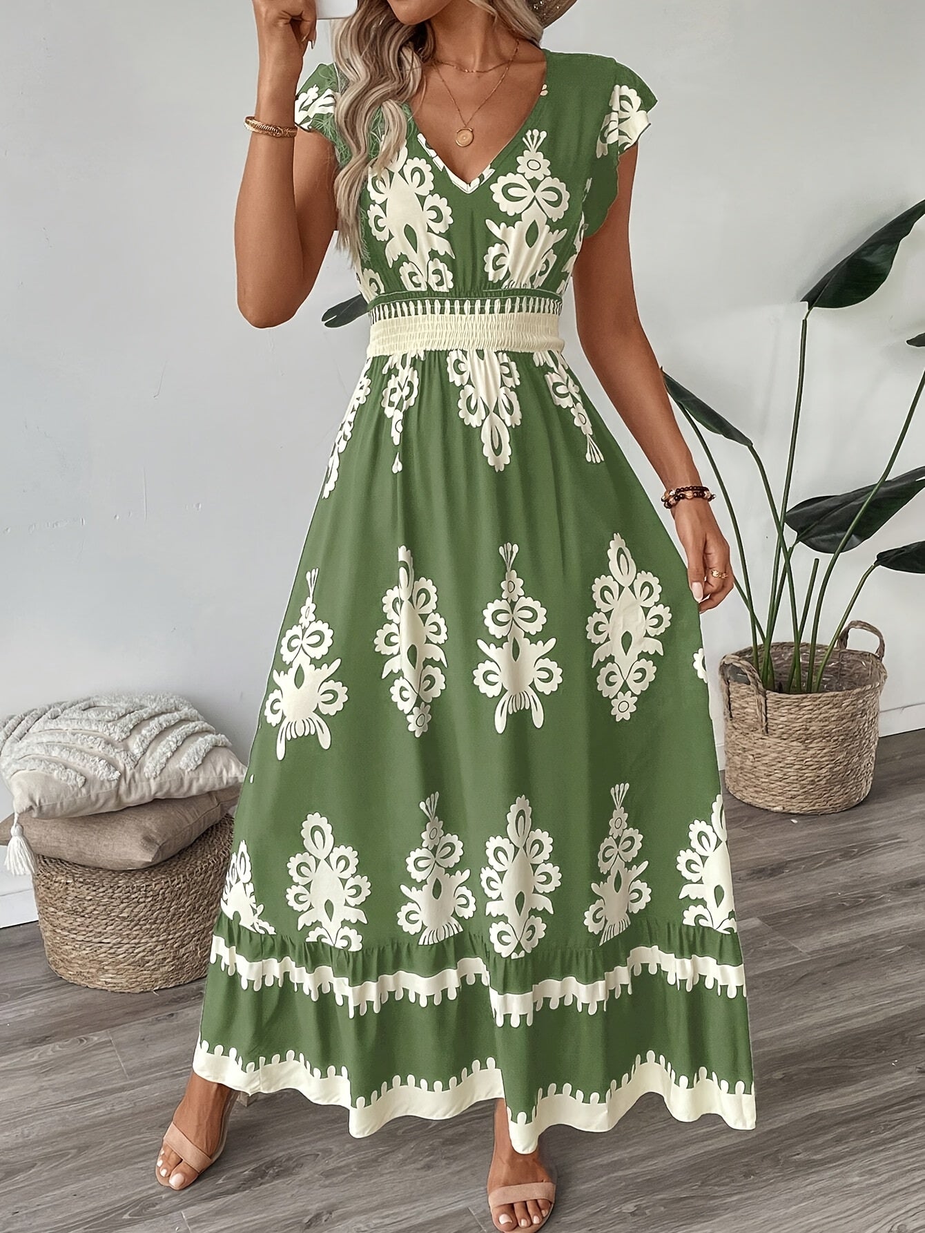 AriaChic Ethnic Print V-Neck Maxi Dress with Cap Sleeves for Women