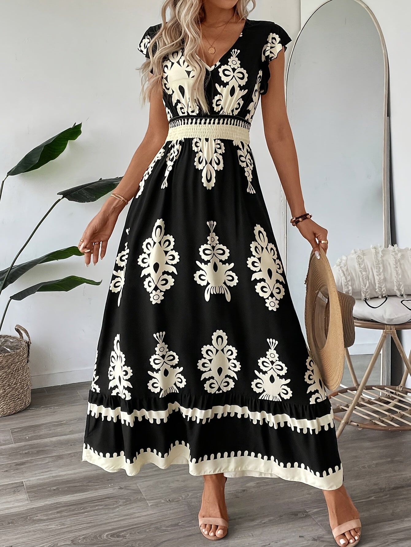 AriaChic Ethnic Print V-Neck Maxi Dress with Cap Sleeves for Women