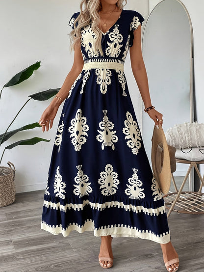 AriaChic Ethnic Print V-Neck Maxi Dress with Cap Sleeves for Women