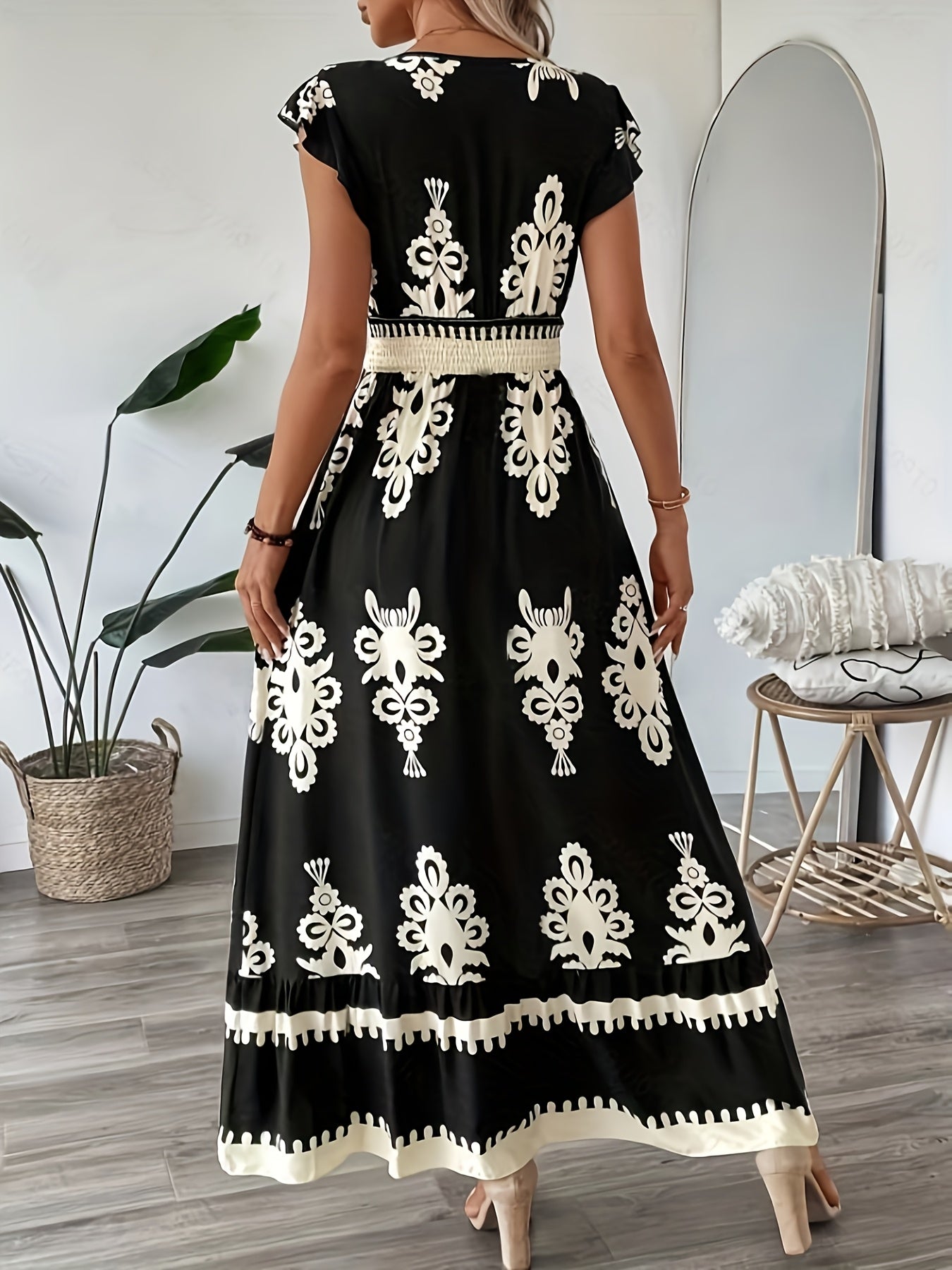 AriaChic Ethnic Print V-Neck Maxi Dress with Cap Sleeves for Women