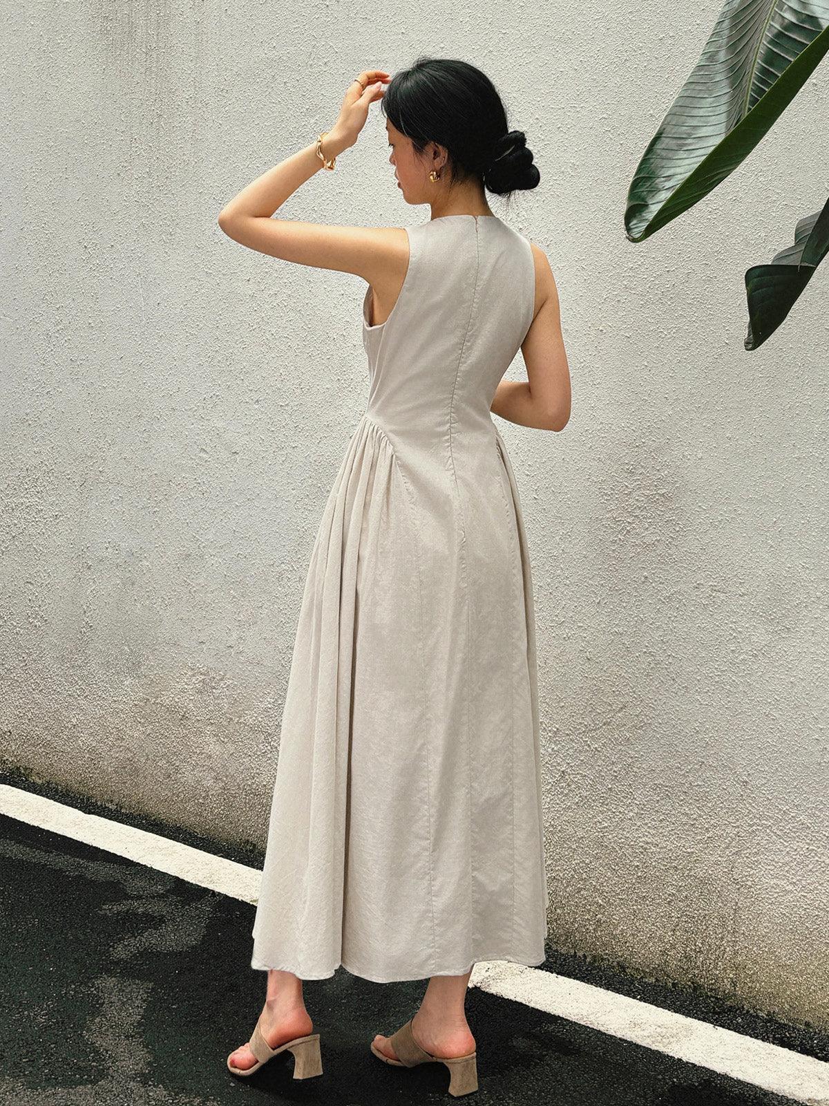 ClaraGrace Cotton-Linen Maxi Dress with Elegant Cut-Out Detailing