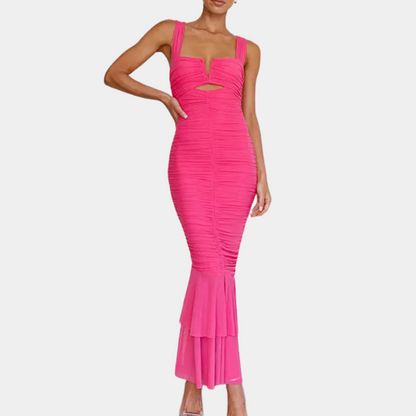 Sophia's Elegance Women's Ruched Maxi Dress with Cutout Neckline and Mermaid Hem