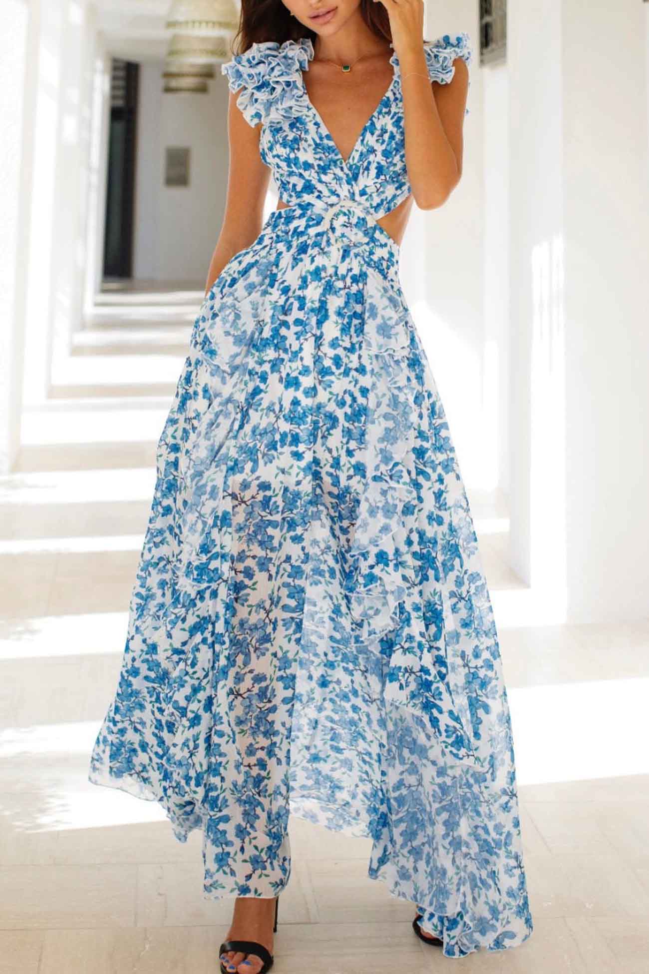 BellaPetal Exquisite Floral V-Neck Backless Maxi Dress with Slit