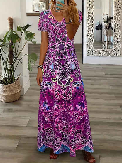 LaraGrace Bohemian Ethnic Maxi Dress for Women – V-Neck with Short Sleeves