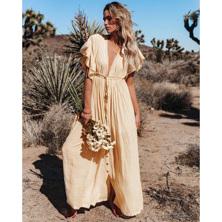 EllaBella Cream Maxi Dress with Romantic Ruffle Accents