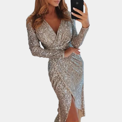 Kensington Charm Silver Sequin Gown with Draping and High Slit for Evening Events