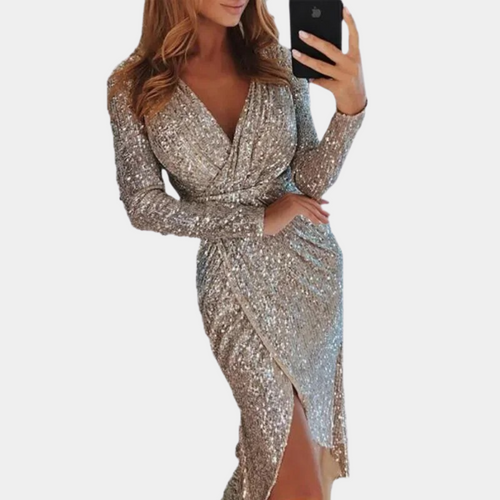 Kensington Charm Silver Sequin Gown with Draping and High Slit for Evening Events