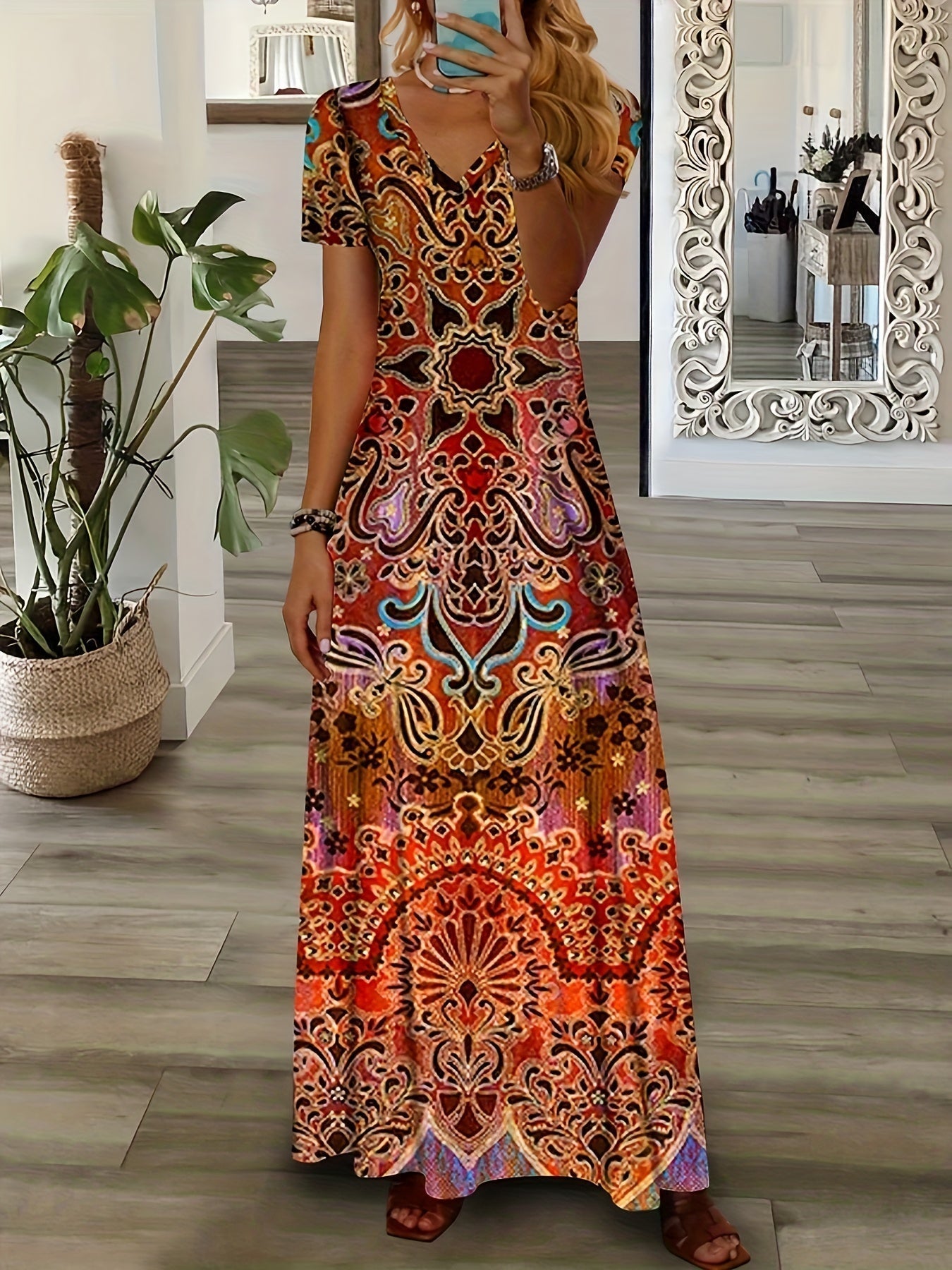 LaraGrace Bohemian Ethnic Maxi Dress for Women – V-Neck with Short Sleeves