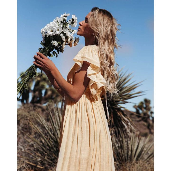 EllaBella Cream Maxi Dress with Romantic Ruffle Accents