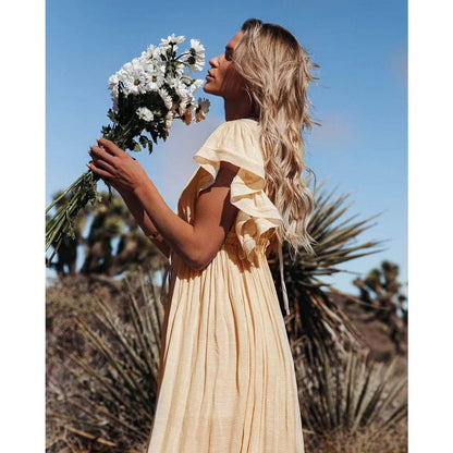 EllaBella Cream Maxi Dress with Romantic Ruffle Accents
